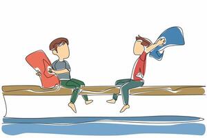 Single continuous line drawing 2 boys sitting on a big tree holding pillows under the tree is a pool. Compete. Attack. Be a winner. International Pillow Fight Day. One line design illustration vector