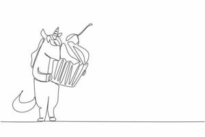 Single one line drawing the unicorn is standing and hugging a cherry-topped cupcake. The brave one who loves sweet food. National Unicorn Day - Cupcake. Continuous line design graphic illustration vector