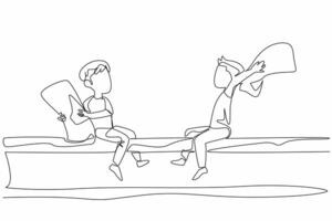 Single continuous line drawing 2 boys sitting on a big tree holding pillows under the tree is a pool. Compete. Attack. Be a winner. International Pillow Fight Day. One line design illustration vector