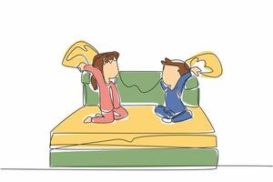 Single one line drawing boy and girl in pajamas sitting on the bed hold a pillow. Activities before going to bed at night. International Pillow Fight Day. Continuous line design graphic illustration vector