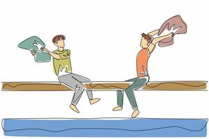 Single one line drawing 2 adult men sitting on large log underneath pool holding pillows. Contest. The wet one is the loser. International Pillow Fight Day. Continuous line design graphic illustration vector