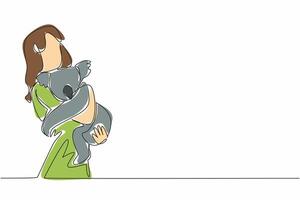 Single one line drawing woman in casual clothes hugging koala. Adorable animal with thick fur. Marsupials originate from Australia. National Zoo Lovers Day. Continuous line design graphic illustration vector