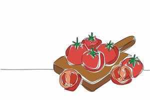 Single continuous line drawing some tomatoes are on a thick, square wooden cutting board. Ripe fruit will be processed into a fresh vitamin drink. Fresh Tomato Day. One line design illustration vector
