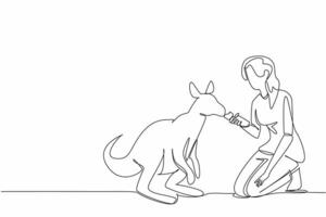 Single one line drawing woman in casual clothes squatting and feeding carrots to a kangaroo. Giving with patience and care. Loving. National Zoo Lovers Day. Continuous line design graphic illustration vector