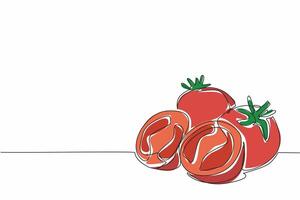 Continuous one line drawing 2 whole tomatoes and 1 tomato cut in half. Refreshing taste rich in vitamins. Collagen formation in the body. Fresh Tomato Day. Single line draw design illustration vector
