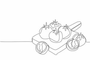 Single continuous line drawing some tomatoes are on a thick, square wooden cutting board. Ripe fruit will be processed into a fresh vitamin drink. Fresh Tomato Day. One line design illustration vector