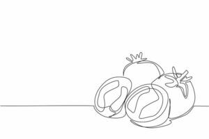 Continuous one line drawing 2 whole tomatoes and 1 tomato cut in half. Refreshing taste rich in vitamins. Collagen formation in the body. Fresh Tomato Day. Single line draw design illustration vector