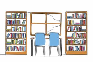 Continuous one line drawing reading chair and window in the middle of bookcase. Comfortable atmosphere to increase knowledge. Cozy. National Library Day. Single line draw design illustration vector