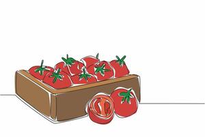 Continuous one line drawing tomatoes fill the wooden box. The harvest is satisfactory as expected. Very profitable. Antioxidants. Vitamin. Fresh Tomato Day. Single line draw design illustration vector