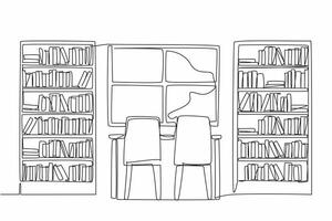 Continuous one line drawing reading chair and window in the middle of bookcase. Comfortable atmosphere to increase knowledge. Cozy. National Library Day. Single line draw design illustration vector
