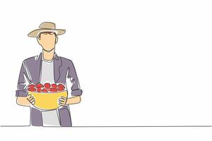 Single continuous line drawing a man wearing a hat carrying a container full of tomatoes. Bringing a satisfying harvest. Tomato farmer. Vitamin. Fresh Tomato Day. One line design illustration vector