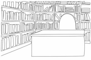 Continuous one line drawing librarian desk and chair in the corner of the library. Place for manual membership card making. Interior. National Library Day. Single line draw design illustration vector
