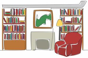 Single one line drawing sofa chairs and reading lamps in the library. Private library with a large collection of books. Knowledge. National Library Day. Continuous line design graphic illustration vector