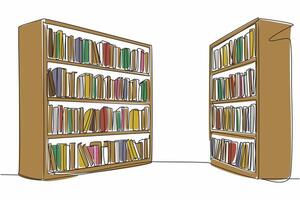 Single one line drawing two bookcases facing each other. One of the decoration corners in the library. Reading corner. Knowledge. National Library Day. Continuous line design graphic illustration vector