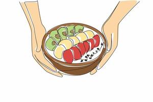 Continuous one line drawing two hands holding a wooden acai bowl containing several pieces of fruit. Served to be enjoyed together. National Acai Bowl Day. Single line draw design illustration vector