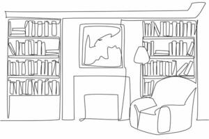 Single one line drawing sofa chairs and reading lamps in the library. Private library with a large collection of books. Knowledge. National Library Day. Continuous line design graphic illustration vector