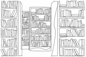 Single continuous line drawing bookcases lined up to create a corridor. The layout of the library makes it easy for visitors. Decoration. National Library Day. One line design illustration vector