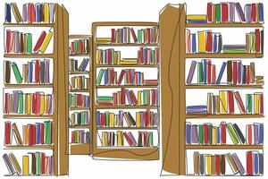 Single continuous line drawing bookcases lined up to create a corridor. The layout of the library makes it easy for visitors. Decoration. National Library Day. One line design illustration vector