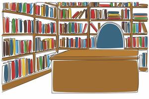 Continuous one line drawing librarian desk and chair in the corner of the library. Place for manual membership card making. Interior. National Library Day. Single line draw design illustration vector