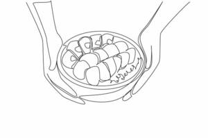 Continuous one line drawing two hands holding a wooden acai bowl containing several pieces of fruit. Served to be enjoyed together. National Acai Bowl Day. Single line draw design illustration vector
