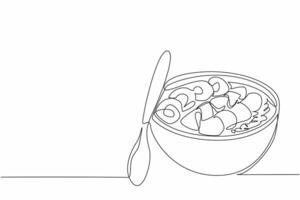 Single continuous line drawing melamine acai bowl containing several pieces of fruit. A dish is not only delicious but also super healthy. National Acai Bowl Day. One line design illustration vector