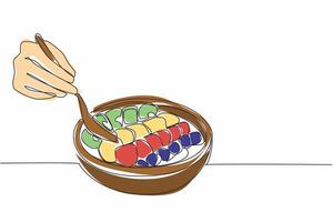 Continuous one line drawing people scooping from wooden acai bowl containing pieces of several fruits. Contains lots of vitamins. National Acai Bowl Day. Single line draw design illustration vector