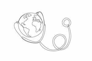 Single one line drawing stethoscope attached to globe. The earth plays a role in maintaining health. Public health is a priority. Care. World Health Day. Continuous line design graphic illustration vector
