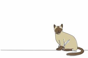 Single continuous line drawing the siamese cat posing. Resting time at home. Pay attention to the surroundings. Tired of playing. Break. National Siamese Cat Day. One line design illustration vector