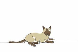 Continuous one line drawing the siamese cat posing casually. Relax time. Lazy to move. Rest after eating a lot. Routine habits. National Siamese Cat Day. Single line draw design illustration vector