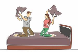 Single continuous line drawing young couple in pajamas sitting on bed holding pillow. A couple who likes to joke around. Bonding. International Pillow Fight Day. One line design illustration vector