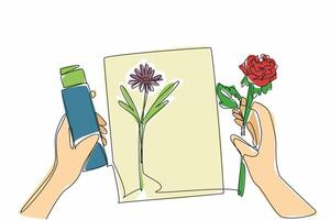 Continuous one line drawing one hand holds a rose while the other holds glue. The art of attaching flowers requires patience. Crafts. National Handmade Day. Single line draw design illustration vector
