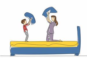 Single continuous line drawing boy standing and mother in pajamas sitting on bed. Compete before sleepy. Strengthening the bond. International Pillow Fight Day. One line design illustration vector