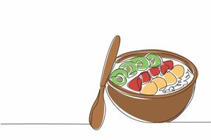 Single continuous line drawing melamine acai bowl containing several pieces of fruit. A dish is not only delicious but also super healthy. National Acai Bowl Day. One line design illustration vector
