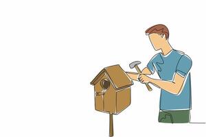 Single one line drawing a man making a wooden birdhouse. Showing skills for the beloved pet. Profitable imagination. Full of creativity. National DIY Day. Continuous line design graphic illustration vector