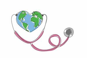 Single continuous line drawing stethoscope worn on heart-shaped globe. Global health. A healthy earth provides the best quality for all creatures. World Health Day. One line design illustration vector
