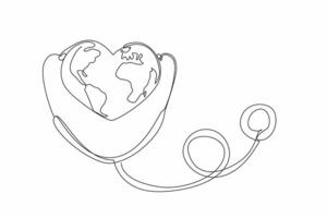 Single continuous line drawing stethoscope worn on heart-shaped globe. Global health. A healthy earth provides the best quality for all creatures. World Health Day. One line design illustration vector