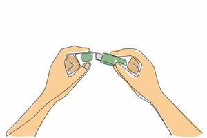 Single one line drawing hand holding and opening the lid of the flash drive. Reliable technology. A large enough memory capacity. National Flash Drive Day. Continuous line design graphic illustration vector