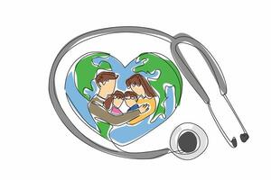 Single one line drawing heart-shaped globe and in middle there is a silhouette of a family hugging. Health insurance for beloved children. World Health Day. Continuous line design graphic illustration vector