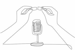 Single continuous line drawing hand plucks chocolate and points it towards the mic. Creates a food crumbs effect when dropped. Pleasure. International ASMR Day. One line design illustration vector