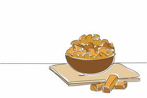 Continuous one line drawing caramel popcorn in a brown wooden bowl and on a cloth base. Snacks with a sweet taste. Munchies. National Caramel Popcorn Day. Single line draw design illustration vector