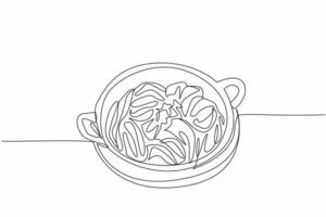 Continuous one line drawing spaghetti carbonara on a black pan with a round wooden cutting board. Keep food warm. Delicious. Tasty. National Carbonara Day. Single line draw design illustration vector