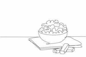 Continuous one line drawing caramel popcorn in a brown wooden bowl and on a cloth base. Snacks with a sweet taste. Munchies. National Caramel Popcorn Day. Single line draw design illustration vector