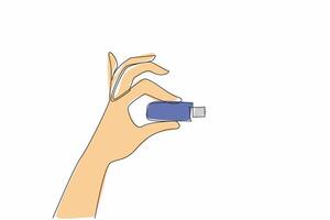 Single continuous line drawing hand is holding a flash drive. Has the largest storage media up to 1TB. Small things with many benefits. National Flash Drive Day. One line design illustration vector