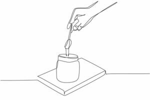 Single continuous line drawing hand holding a spoon filled with caramel liquid that put into a jar. Want to share the sweet taste of pleasure. National Caramel Day. One line design illustration vector