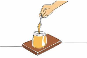 Single continuous line drawing hand holding a spoon filled with caramel liquid that put into a jar. Want to share the sweet taste of pleasure. National Caramel Day. One line design illustration vector
