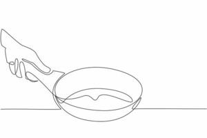 Single one line drawing hand holding a teflon pan. The best quality of a frying pan. Quick cooking. Very easy to clean. Non-stick. National Teflon Day. Continuous line design graphic illustration vector