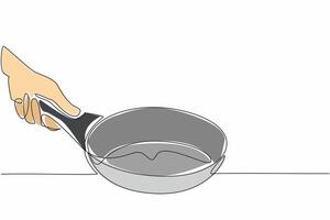 Single one line drawing hand holding a teflon pan. The best quality of a frying pan. Quick cooking. Very easy to clean. Non-stick. National Teflon Day. Continuous line design graphic illustration vector