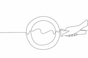 Single continuous line drawing hand holding a standing teflon pan. Amazingly clean. After use it does not leave any stains. Cooking ware. National Teflon Day. One line design illustration vector