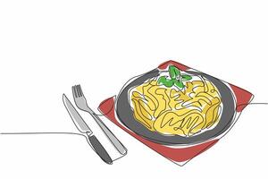 Single continuous line drawing fettuccine carbonara on a black round plate. Served in a classic way. Use a fork and knife to eat it. Savory. National Carbonara Day. One line design illustration vector