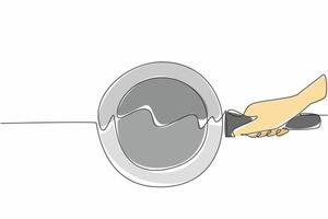 Single continuous line drawing hand holding a standing teflon pan. Amazingly clean. After use it does not leave any stains. Cooking ware. National Teflon Day. One line design illustration vector